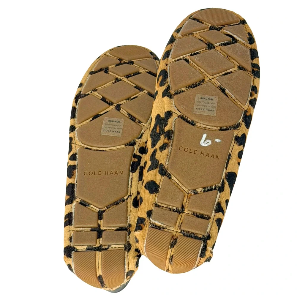 Cole Haan Sz 7.5 Leopard Calf Hair Leather Driving Loafers Mocs Flat Sole Tan
